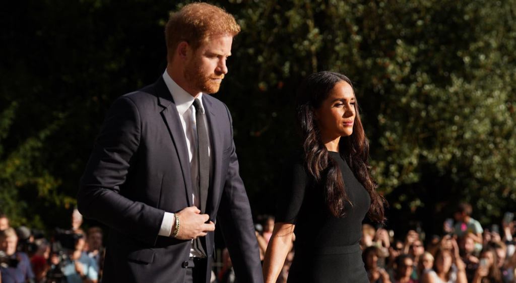 The Prince and Princess of Wales Accompanied By The Duke And Duchess Of Sussex Greet Wellwishers Outside Windsor Castle