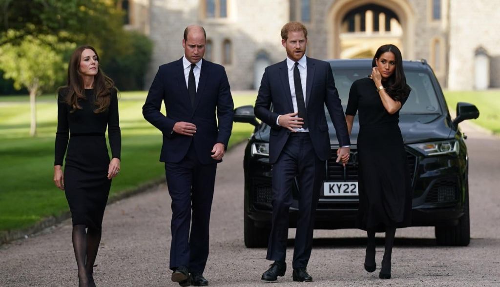 The Prince and Princess of Wales Accompanied By The Duke And Duchess Of Sussex Greet Wellwishers Outside Windsor Castle