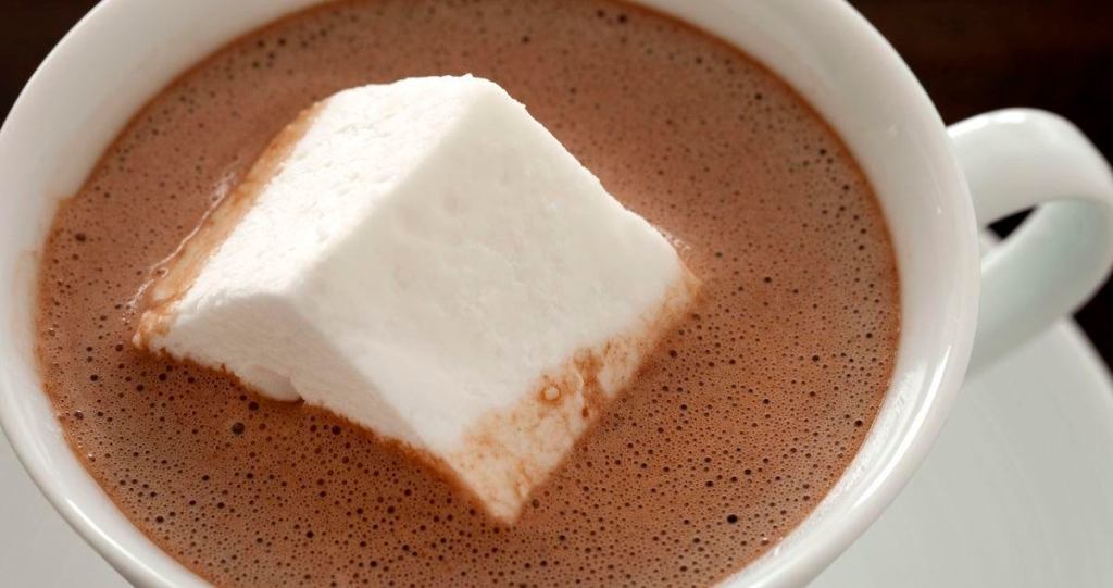 Overhead shot of hot chocolate served with large marshmallow