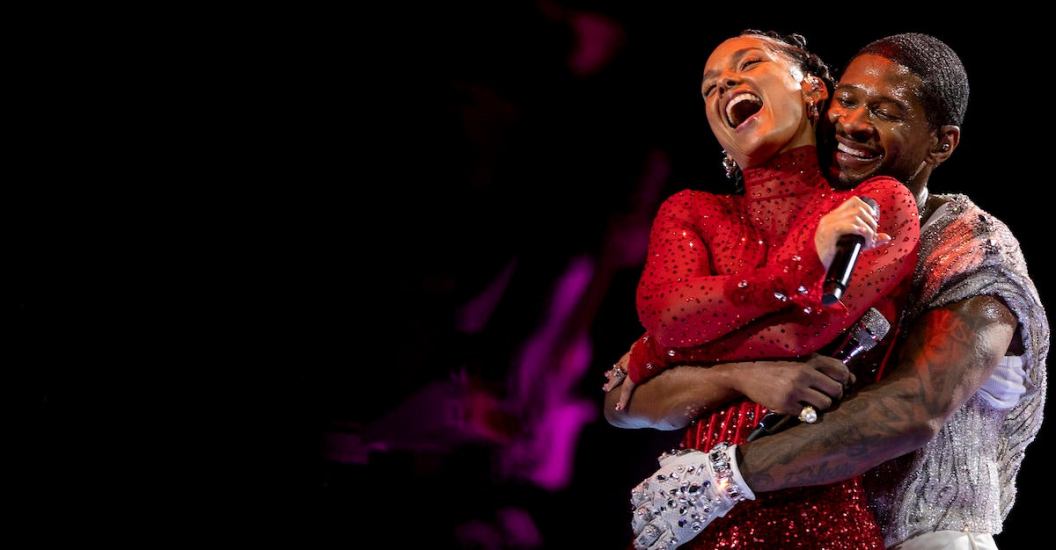 Usher and Alicia Keys - Super Bowl LVIII - San Francisco 49ers v Kansas City Chiefs