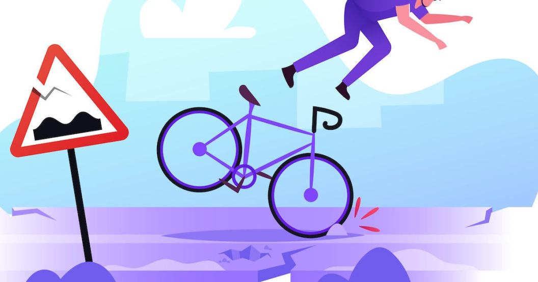 Male Bicyclist Stumble and Fall from Bicycle on Broken Roadside with Cracked Asphalt. Dangerous Situation on Highway