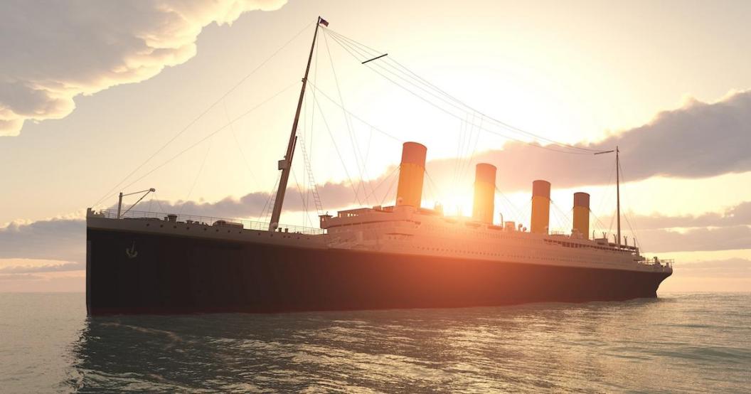 Historic passenger ship Titanic on the high seas at sunset